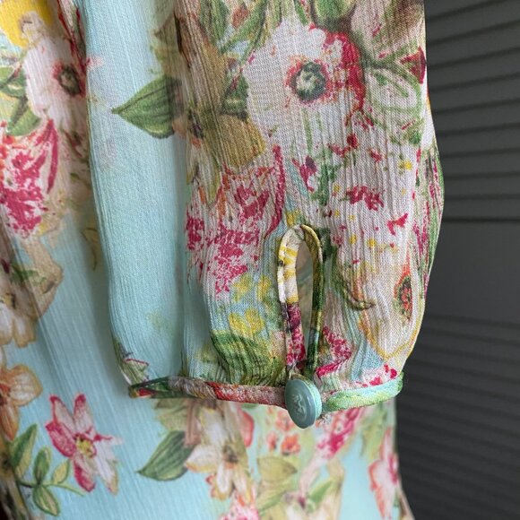 Silk Button-down Short Puff Sleeves Floral Blouse Aqua 6 - Picture 8 of 12